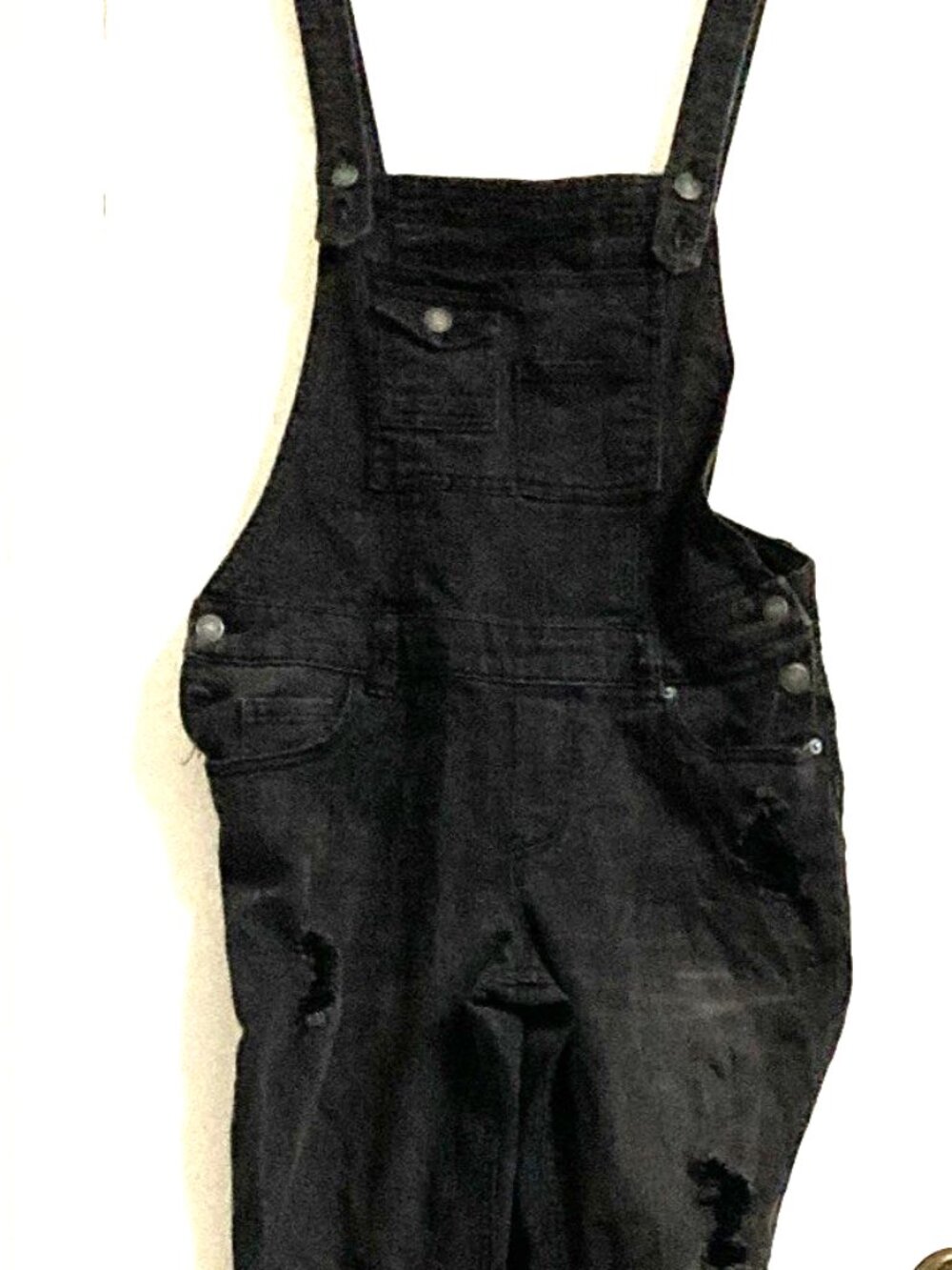 Almost Famous Women's 11 Black Distressed Denim Overalls Jumpsuit Sleeveless